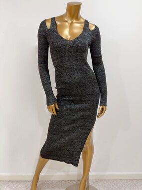 Jealous Tomato Women's Black Silver Metallic Long Sleeve Knit Midi Dress Size M